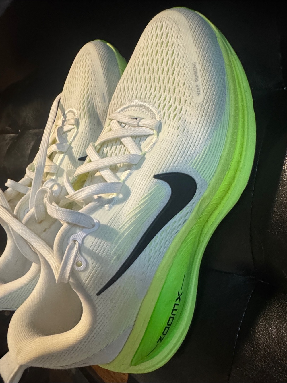 Nike Vomero Women's White Running Shoes with Neon Green Sole and Black Swoosh